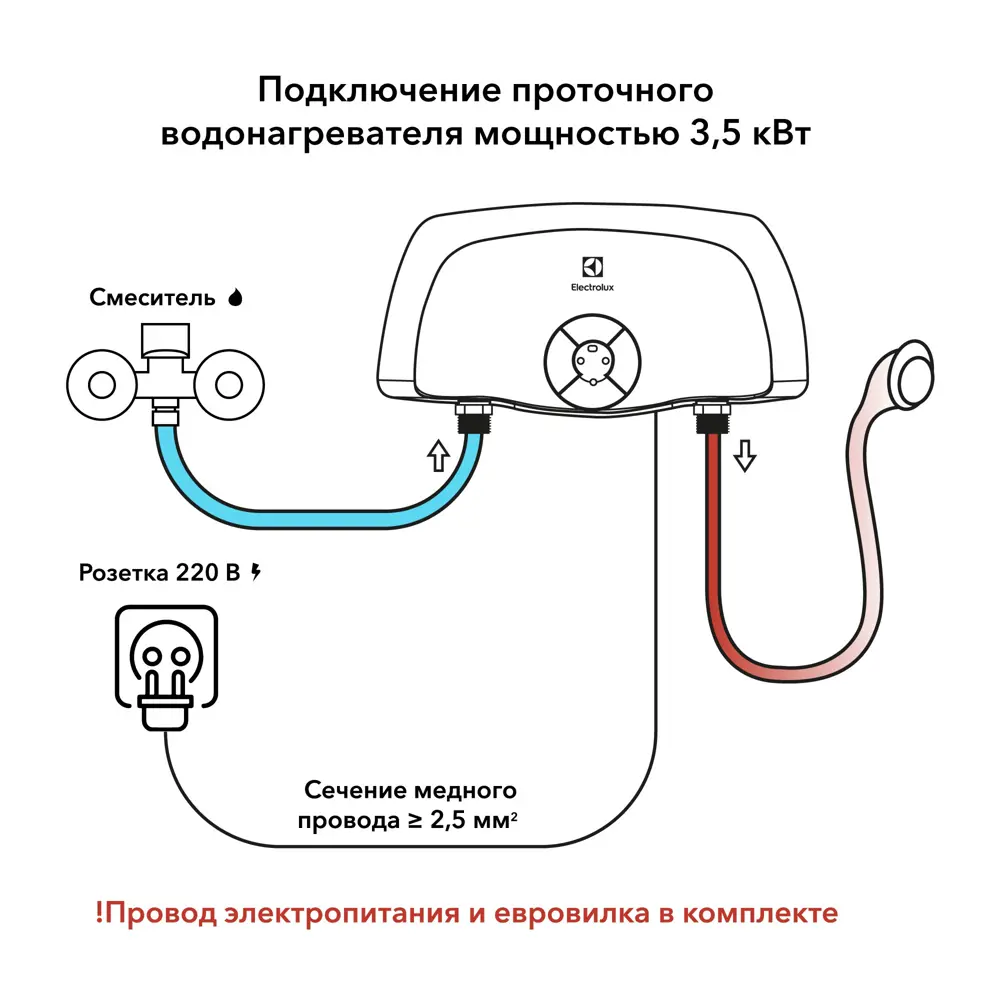 Фото 9 Проточный водонагреватель электрический Electrolux 112443 3.5 кВт белый с душевой лейкой и краном Фото 9 Проточный водонагреватель электрический Electrolux 112443 3.5 кВт белый с душевой лейкой и краном