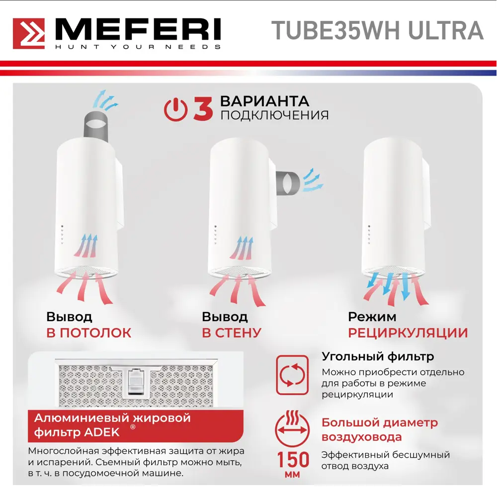 Фото 4 Цилиндрическая вытяжка Meferi TUBE35WH ULTRA 35 см цвет белый Фото 4 Цилиндрическая вытяжка Meferi TUBE35WH ULTRA 35 см цвет белый