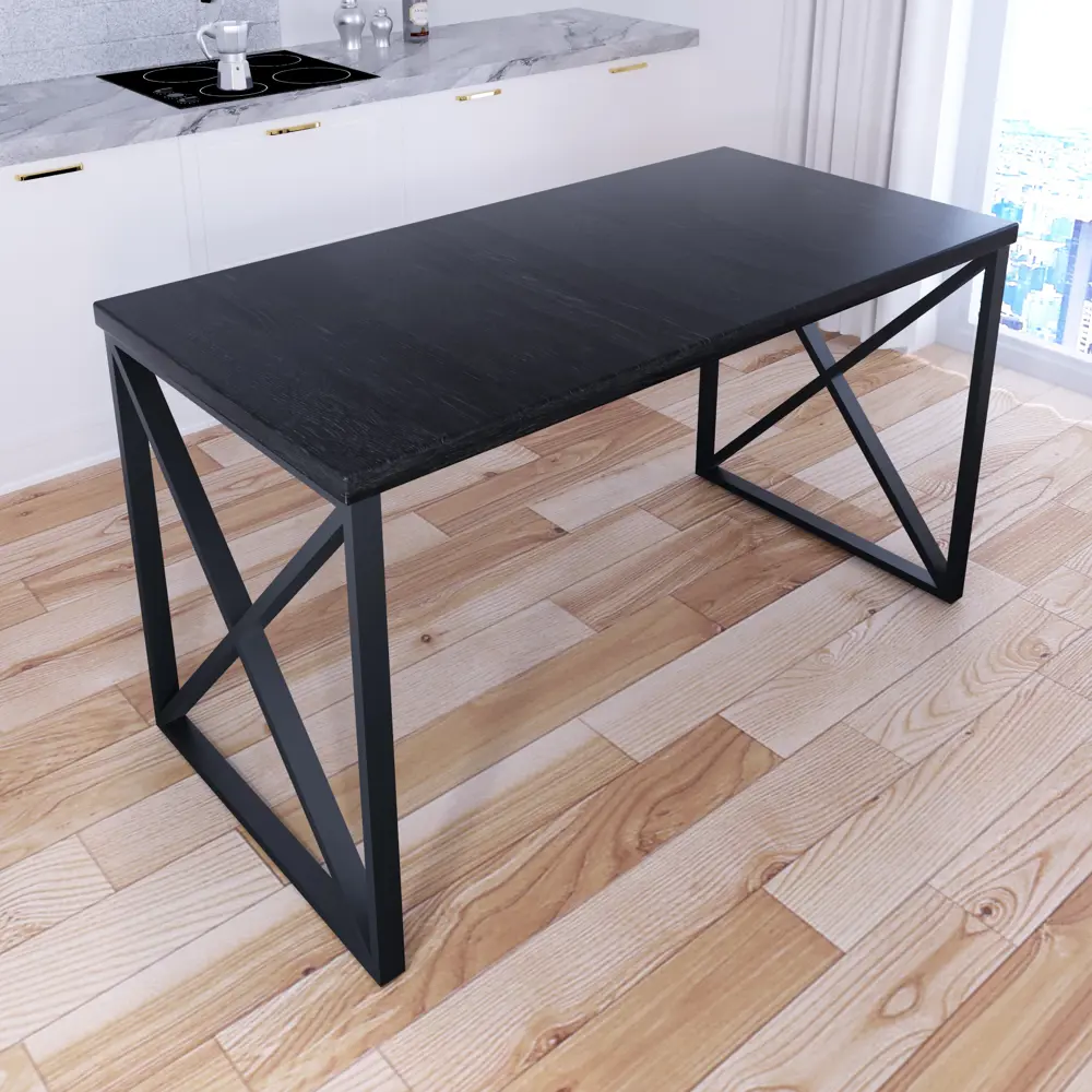 Фото 2 Кухонный стол квадратный со столешницей Solarius loft 140x80 см и черными металлическими крестообразными ножками Массив сосны цвет черный Фото 2 Кухонный стол квадратный со столешницей Solarius loft 140x80 см и черными металлическими крестообразными ножками Массив сосны цвет черный