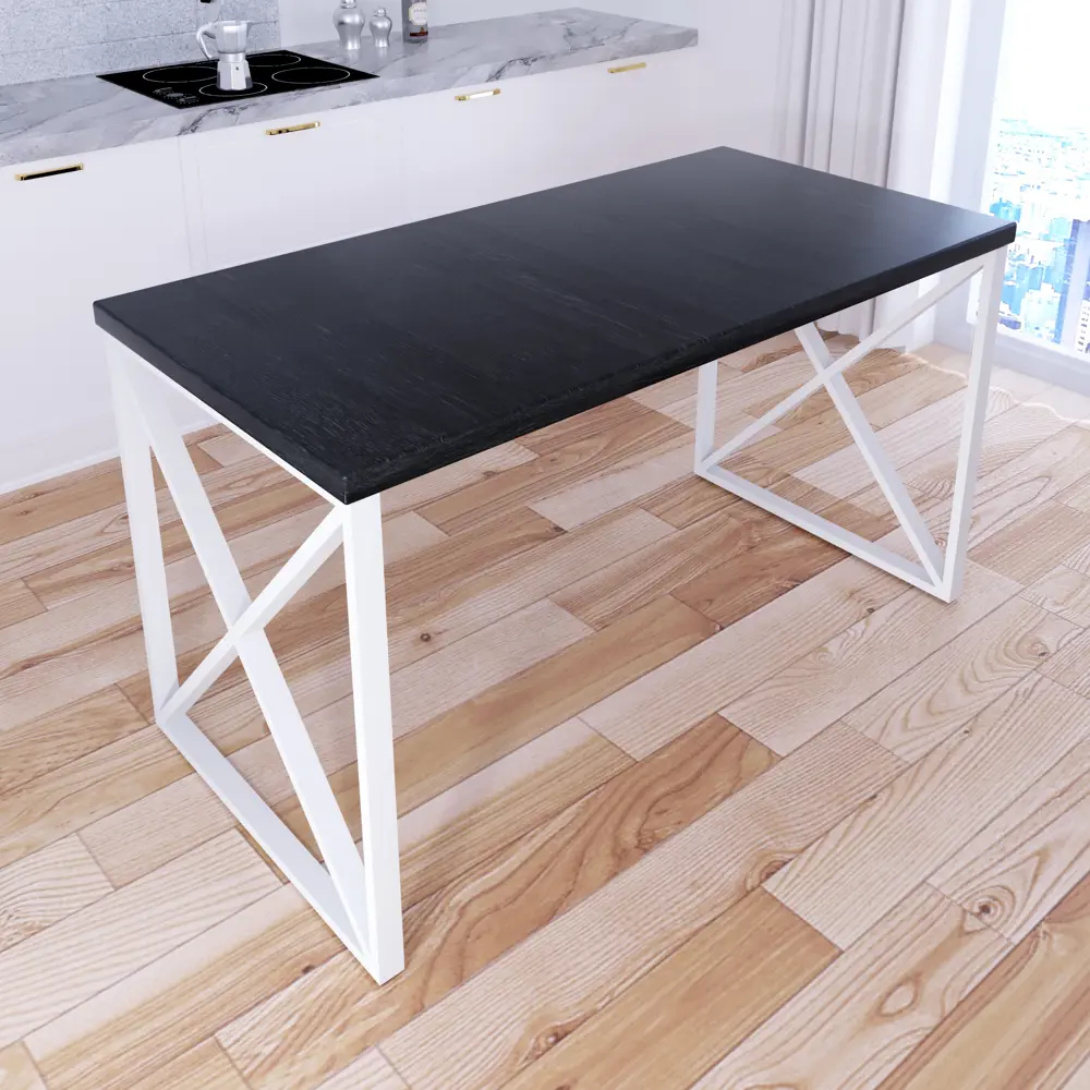 Фото 2 Кухонный стол квадратный со столешницей Solarius loft 120x60 см и белыми металлическими крестообразными ножками Массив сосны цвет черный Фото 2 Кухонный стол квадратный со столешницей Solarius loft 120x60 см и белыми металлическими крестообразными ножками Массив сосны цвет черный