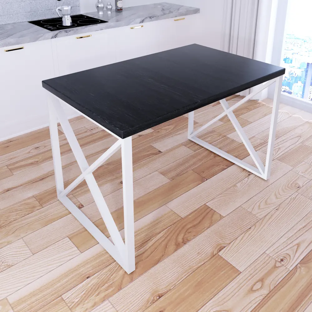 Фото 2 Кухонный стол квадратный со столешницей Solarius loft 130x80 см и белыми металлическими крестообразными ножками Массив сосны цвет черный Фото 2 Кухонный стол квадратный со столешницей Solarius loft 130x80 см и белыми металлическими крестообразными ножками Массив сосны цвет черный