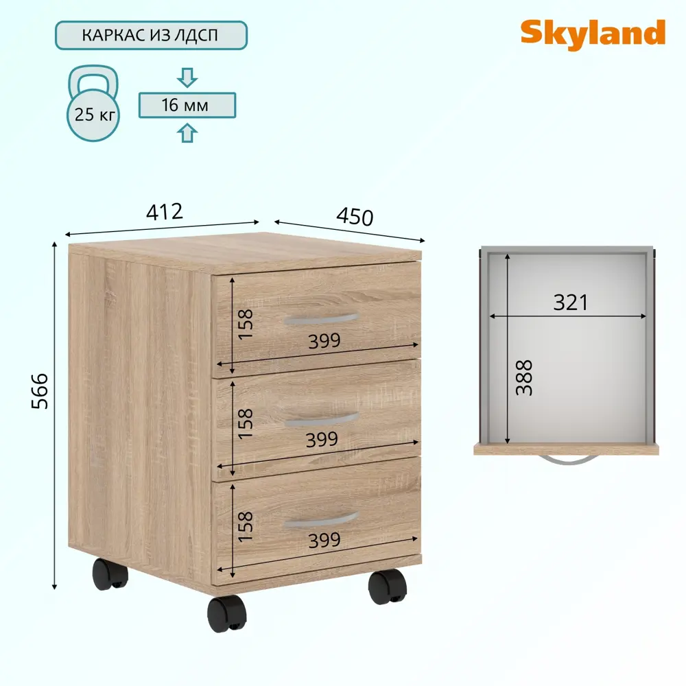 Фото 2 Тумба с выдвижными ящиками на колесах Skyland 41x45x56 см 3 ящика ЛДСП цвет дуб сонома Фото 2 Тумба с выдвижными ящиками на колесах Skyland 41x45x56 см 3 ящика ЛДСП цвет дуб сонома