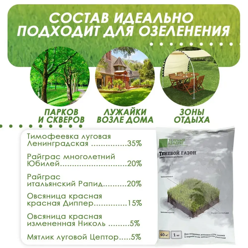 Фото 3 Семена газона теневой Зеленый квадрат 4607160331195 1 кг Фото 3 Семена газона теневой Зеленый квадрат 4607160331195 1 кг