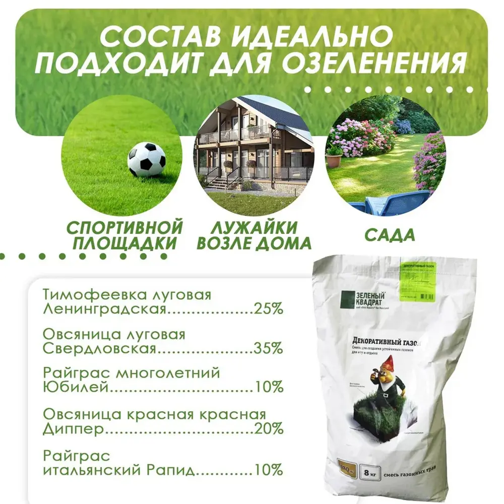 Фото 3 Семена газона декоративный Зеленый квадрат 4607160331485 8 кг Фото 3 Семена газона декоративный Зеленый квадрат 4607160331485 8 кг