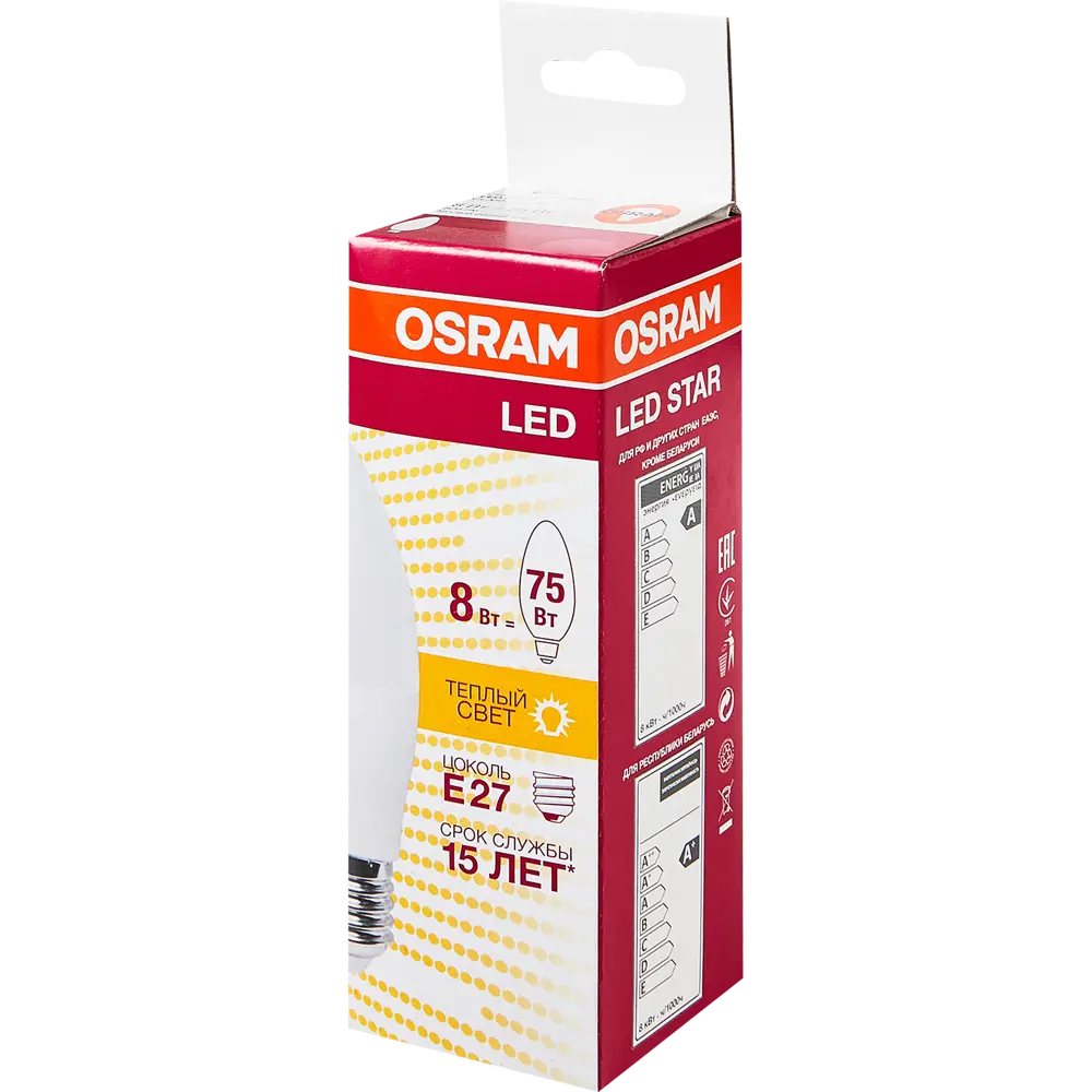Фото 5 Лампа светодиодная Osram E27 220 В 8 Вт свеча 806 лм тёплый белый свет