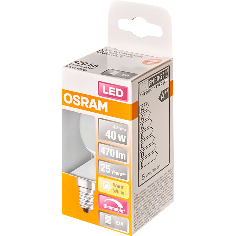 Фото 4 Лампа светодиодная Osram диммируемая E14 4.5 Вт/827 шар 470 Лм Фото 4 Лампа светодиодная Osram диммируемая E14 4.5 Вт/827 шар 470 Лм