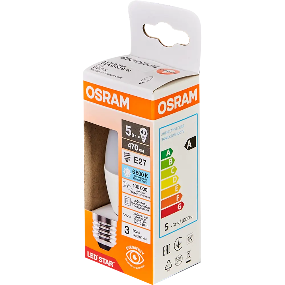 Фото 4 Лампа светодиодная Osram свеча 5Вт 470Лм E27 холодный белый свет Фото 4 Лампа светодиодная Osram свеча 5Вт 470Лм E27 холодный белый свет
