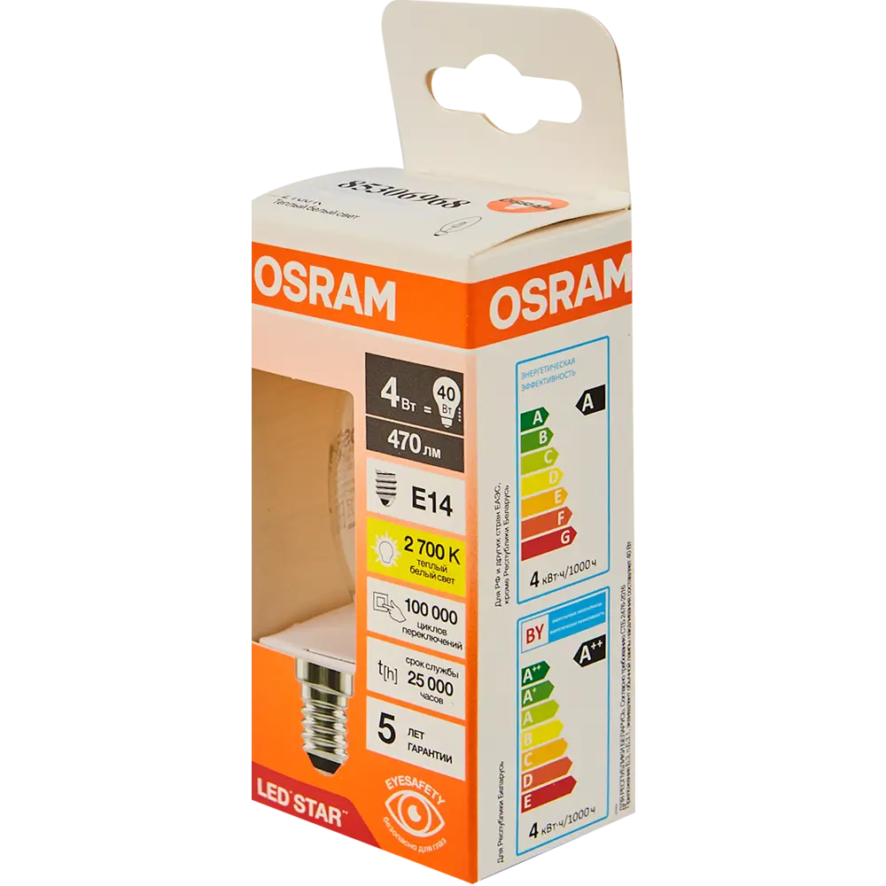 Фото 4 Лампа светодиодная Osram В E14 220/240 В 4 Вт свеча 470 лм теплый белый свет Фото 4 Лампа светодиодная Osram В E14 220/240 В 4 Вт свеча 470 лм теплый белый свет