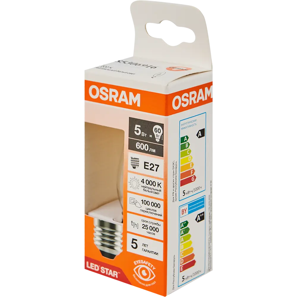 Фото 4 Лампа светодиодная Osram В E27 220/240 В 5 Вт свеча 600 лм нейтральный белый свет Фото 4 Лампа светодиодная Osram В E27 220/240 В 5 Вт свеча 600 лм нейтральный белый свет