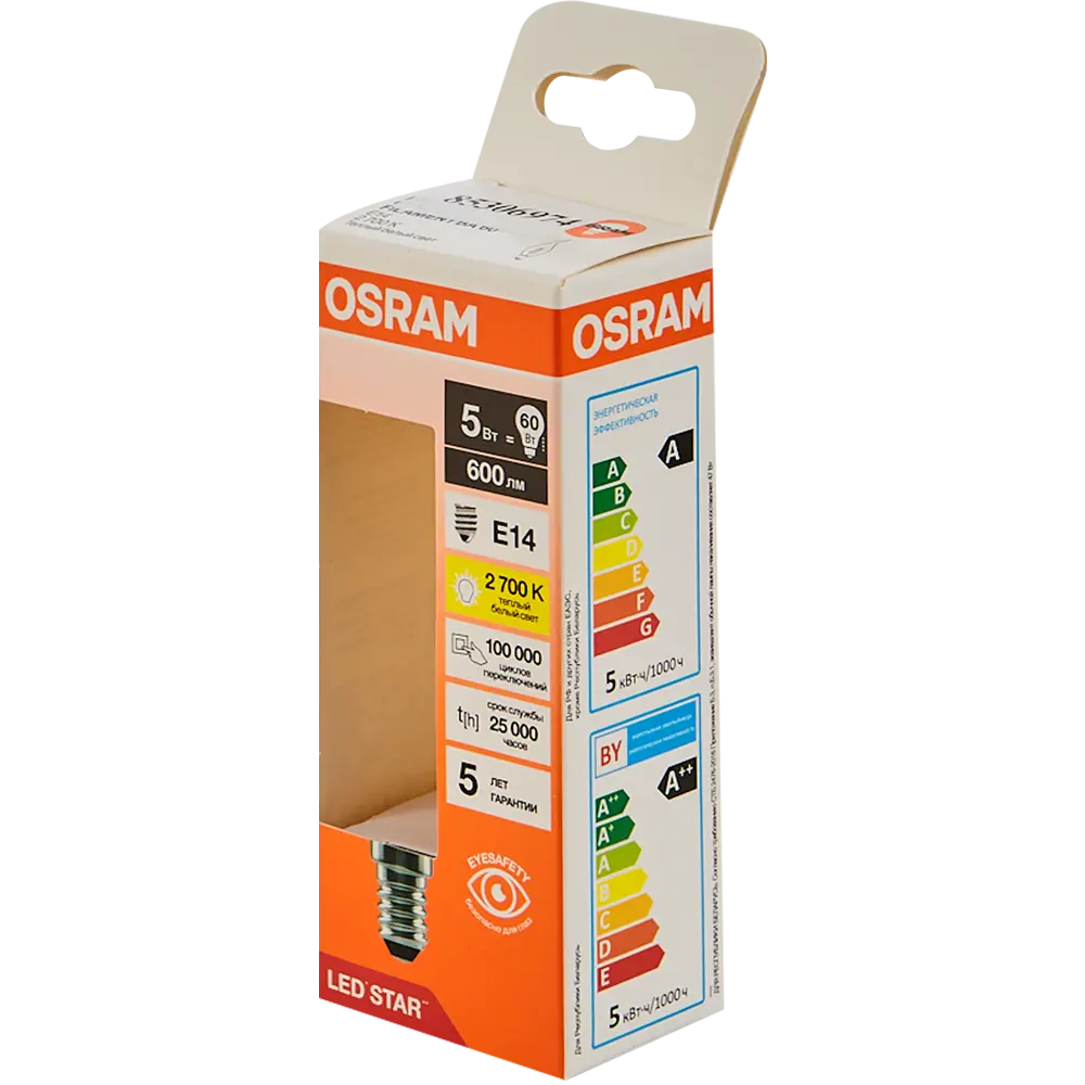 Фото 4 Лампа светодиодная Osram ВА E14 220/240 В 5 Вт свеча 600 лм теплый белый свет Фото 4 Лампа светодиодная Osram ВА E14 220/240 В 5 Вт свеча 600 лм теплый белый свет
