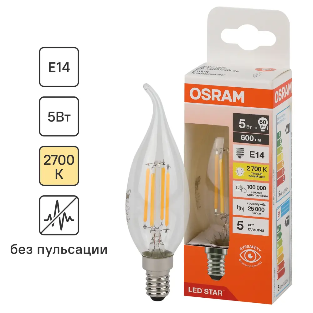 Фото Лампа светодиодная Osram ВА E14 220/240 В 5 Вт свеча 600 лм теплый белый свет Фото Лампа светодиодная Osram ВА E14 220/240 В 5 Вт свеча 600 лм теплый белый свет