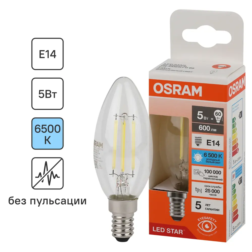 Фото Лампа светодиодная Osram B E14 220/240 В 5 Вт свеча 600 лм холодный белый свет Фото Лампа светодиодная Osram B E14 220/240 В 5 Вт свеча 600 лм холодный белый свет