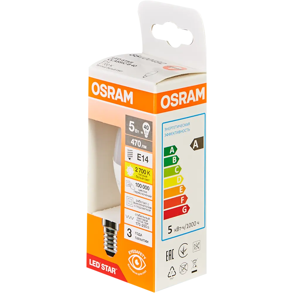 Фото 4 Лампа светодиодная Osram свеча 5Вт 470Лм E14 теплый белый свет Фото 4 Лампа светодиодная Osram свеча 5Вт 470Лм E14 теплый белый свет