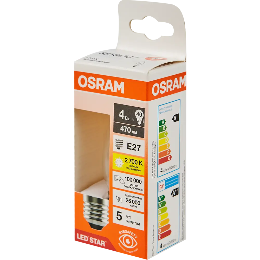 Фото 4 Лампа светодиодная Osram В E27 220/240 В 4 Вт свеча 470 лм теплый белый свет Фото 4 Лампа светодиодная Osram В E27 220/240 В 4 Вт свеча 470 лм теплый белый свет