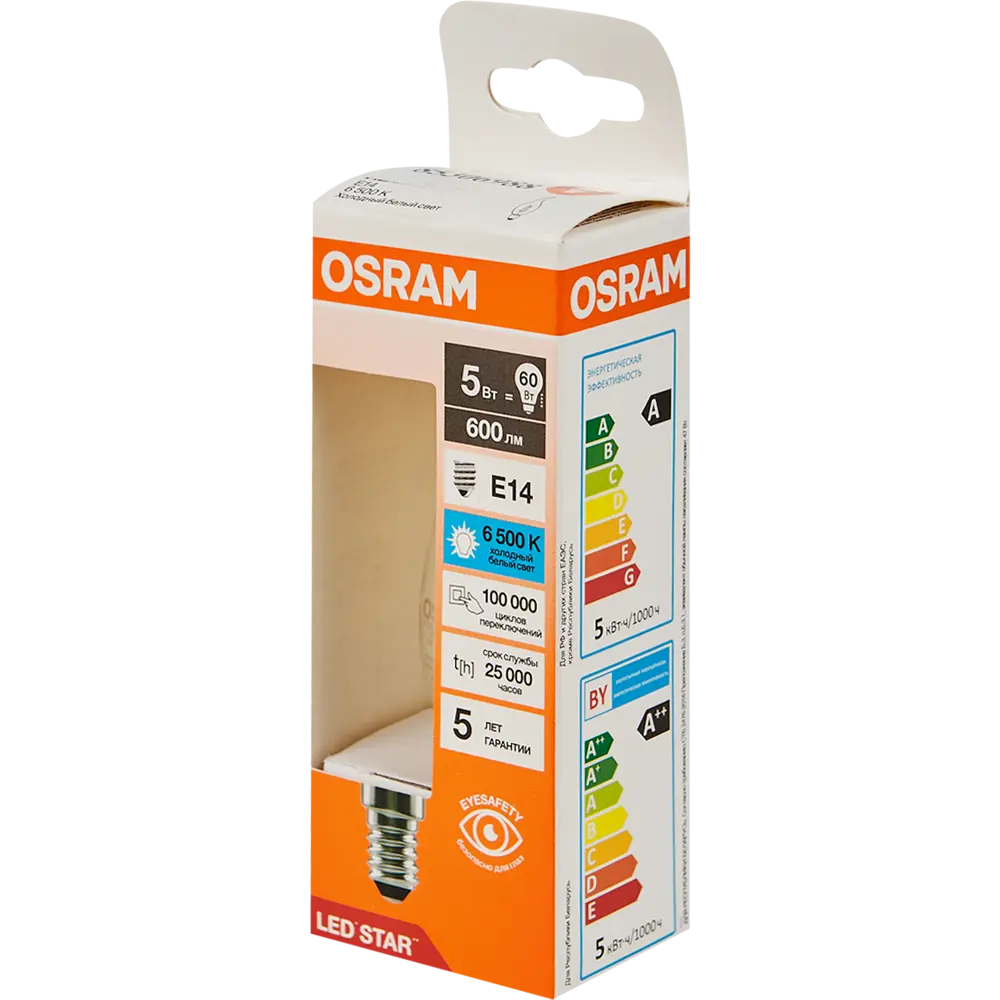 Фото 4 Лампа светодиодная Osram BA E14 220/240 В 5 Вт свеча 600 лм холодный белый свет Фото 4 Лампа светодиодная Osram BA E14 220/240 В 5 Вт свеча 600 лм холодный белый свет