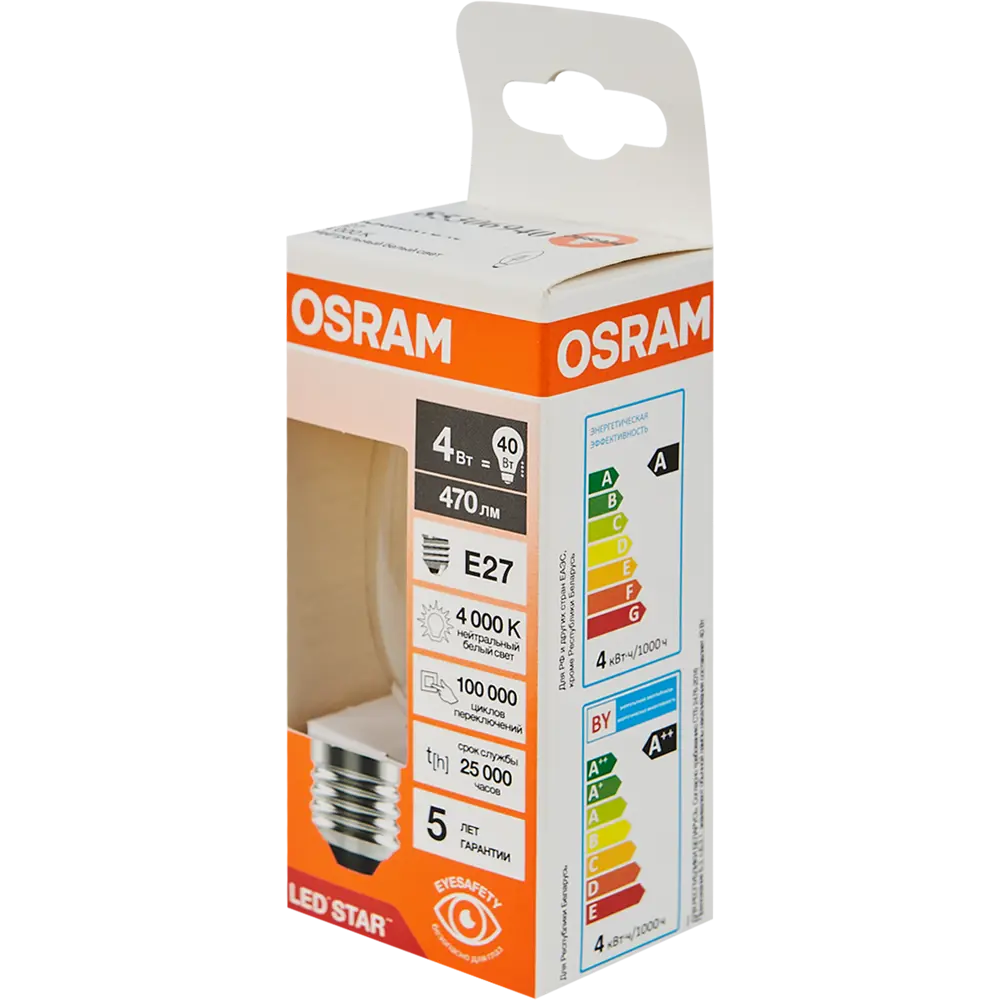 Фото 4 Лампа светодиодная Osram В E27 220/240 В 4 Вт свеча 470 лм нейтральный белый свет Фото 4 Лампа светодиодная Osram В E27 220/240 В 4 Вт свеча 470 лм нейтральный белый свет