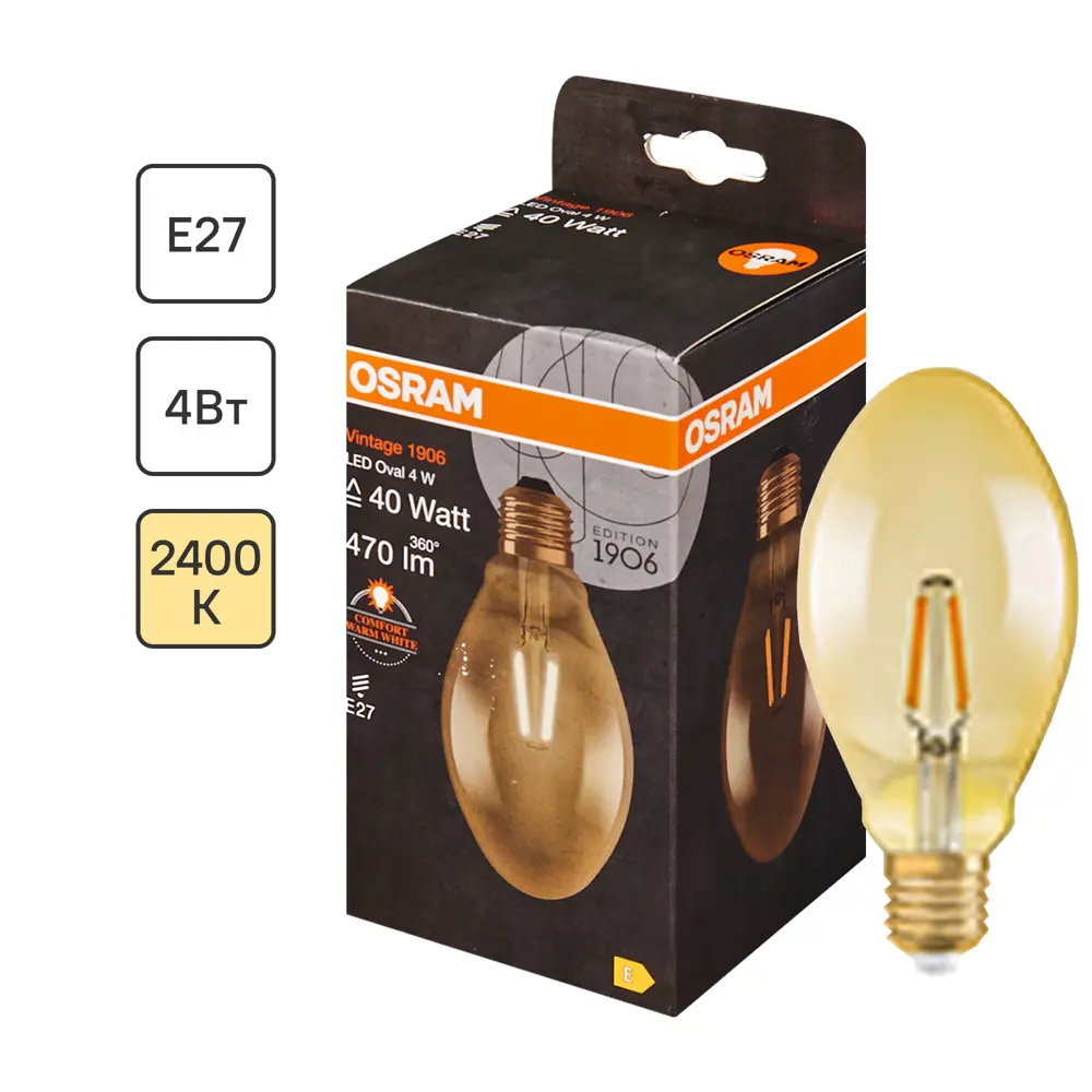 Фото Лампа светодиодная Osram филаментная E27 230 В 5 Вт/825 овал Фото Лампа светодиодная Osram филаментная E27 230 В 5 Вт/825 овал