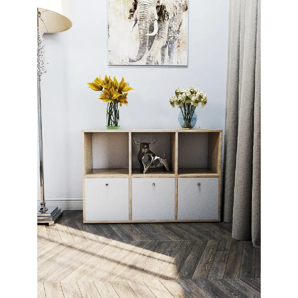Фото 2 Стеллаж деревянный горизонтальный с фасадами 6 секций Wood&stone 93.4x62.8x31.2 см ЛДСП цвет белый/дуб Фото 2 Стеллаж деревянный горизонтальный с фасадами 6 секций Wood&stone 93.4x62.8x31.2 см ЛДСП цвет белый/дуб