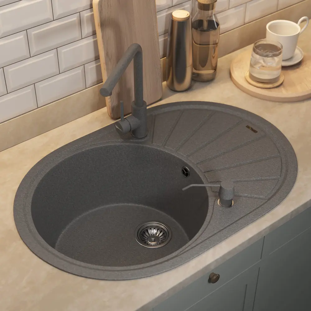 Фото 3 Мойка для кухни врезная Uperwood Quartz UPD-02 51x76 см глубина чаши 20 см кварцевый песок цвет серый Фото 3 Мойка для кухни врезная Uperwood Quartz UPD-02 51x76 см глубина чаши 20 см кварцевый песок цвет серый