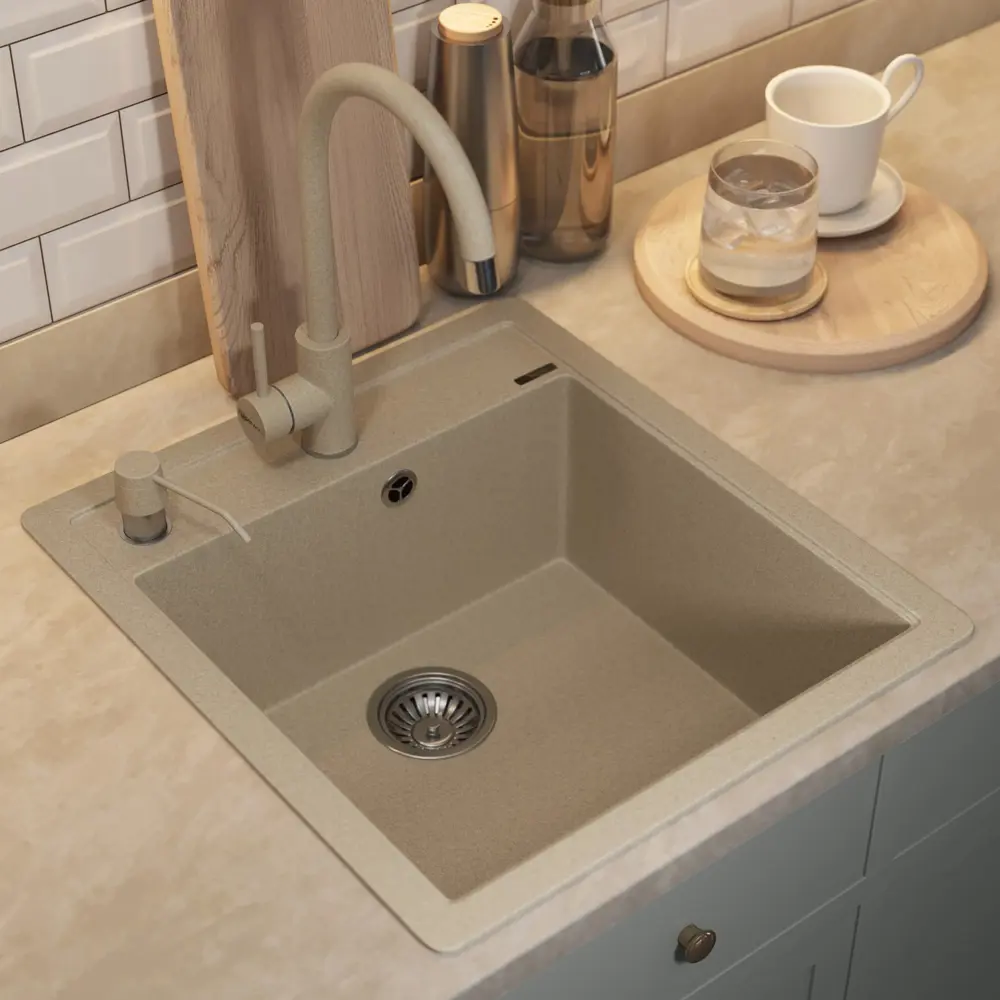 Фото 3 Мойка для кухни врезная Uperwood Quartz UPD-07 51x46 см глубина чаши 20 см кварцевый песок цвет бежевый Фото 3 Мойка для кухни врезная Uperwood Quartz UPD-07 51x46 см глубина чаши 20 см кварцевый песок цвет бежевый