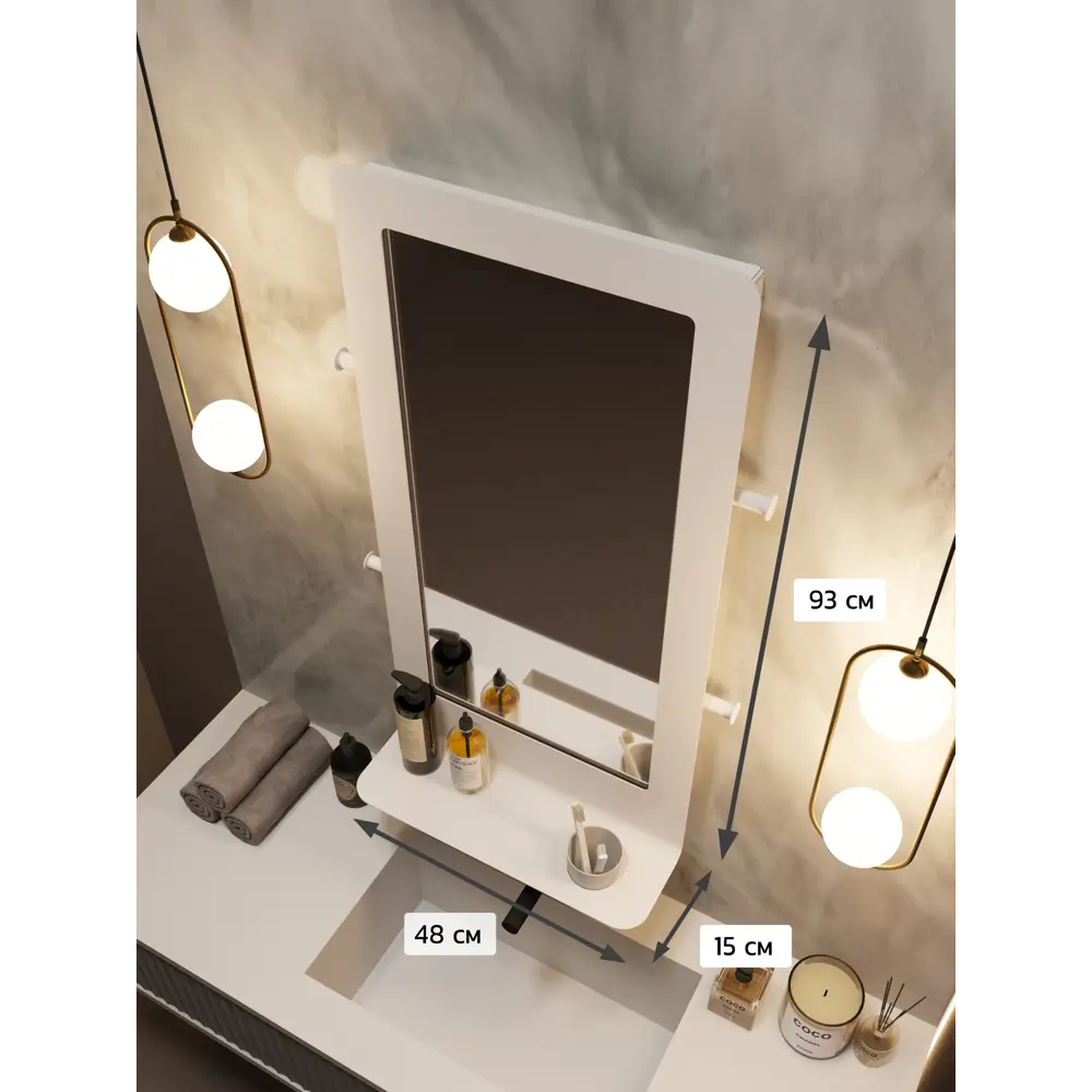 Фото 3 Зеркало для ванной комнаты с полками Tempache 48x93x15 см цвет белый