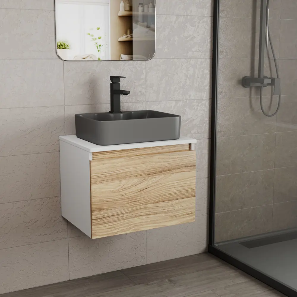 Фото 2 Комплект: тумба Bauedge Bau Dream Blackwood 60 BD2810 1 ящик раковина Cerama 48x37 темно-серая смеситель Hotel Black черный матовый Фото 2 Комплект: тумба Bauedge Bau Dream Blackwood 60 BD2810 1 ящик раковина Cerama 48x37 темно-серая смеситель Hotel Black черный матовый
