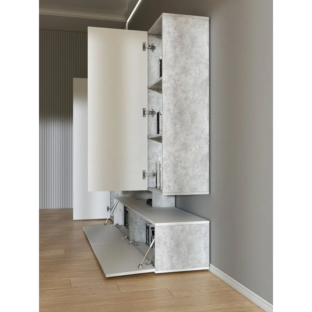 Фото 8 Шкаф для телевизора Wood&Stone 260x158.80x36.60 см ЛДСП цвет светлый цемент/белый Фото 8 Шкаф для телевизора Wood&Stone 260x158.80x36.60 см ЛДСП цвет светлый цемент/белый