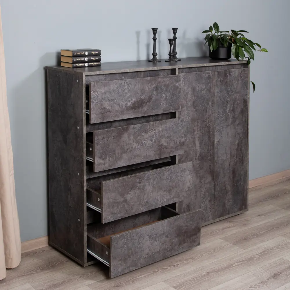 Фото 4 Комод Letta City New 4 ящика 140.20x108.30x39.40 см ЛДСП цвет цемент темный молет Фото 4 Комод Letta City New 4 ящика 140.20x108.30x39.40 см ЛДСП цвет цемент темный молет