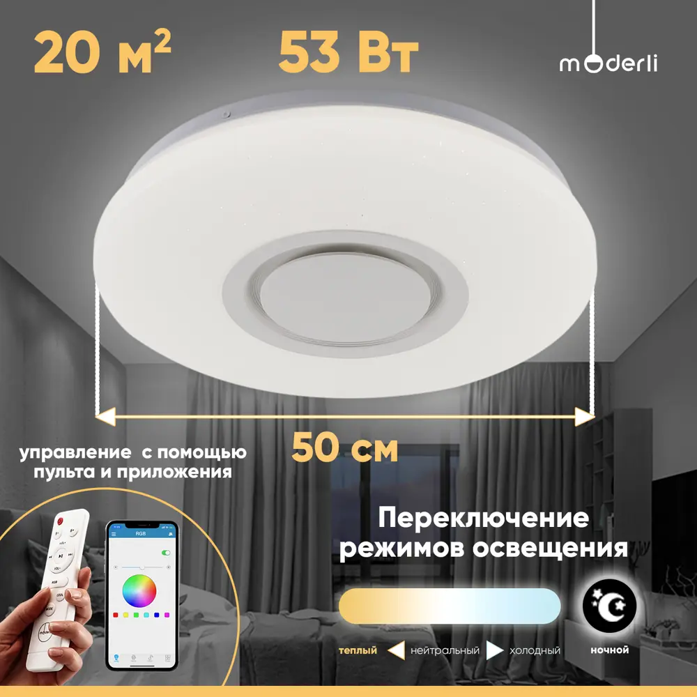 Фото Светильник настенно-потолочный светодиодный Moderli V10664-cl с пультом управления 20 м² нейтральный белый свет цвет бесцветный/прозрачный Фото Светильник настенно-потолочный светодиодный Moderli V10664-cl с пультом управления 20 м² нейтральный белый свет цвет бесцветный/прозрачный