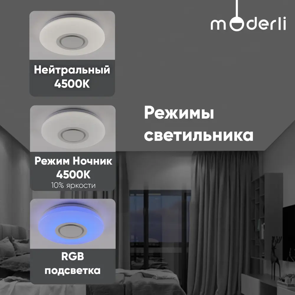 Фото 2 Светильник настенно-потолочный светодиодный Moderli V10664-cl с пультом управления 20 м² нейтральный белый свет цвет бесцветный/прозрачный Фото 2 Светильник настенно-потолочный светодиодный Moderli V10664-cl с пультом управления 20 м² нейтральный белый свет цвет бесцветный/прозрачный
