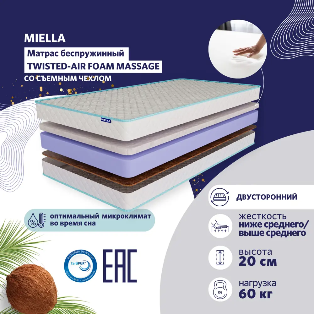 Фото Матрас Miella Twisted-Air Foam Massage 70x200x20 см беспружинный детский