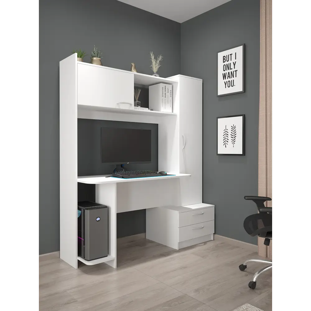 Фото Офисный стол с полкой Мебельная фабрика 1+1 Стол компьютерный 1 МФ 1+1 159x186.4x60 см ЛДСП цвет белый Фото Офисный стол с полкой Мебельная фабрика 1+1 Стол компьютерный 1 МФ 1+1 159x186.4x60 см ЛДСП цвет белый