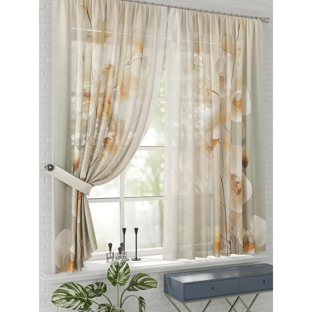 Фото 2 Комплект штор на шторной ленте Comfy Way Орхид 150x170 см цвет бежевый Фото 2 Комплект штор на шторной ленте Comfy Way Орхид 150x170 см цвет бежевый