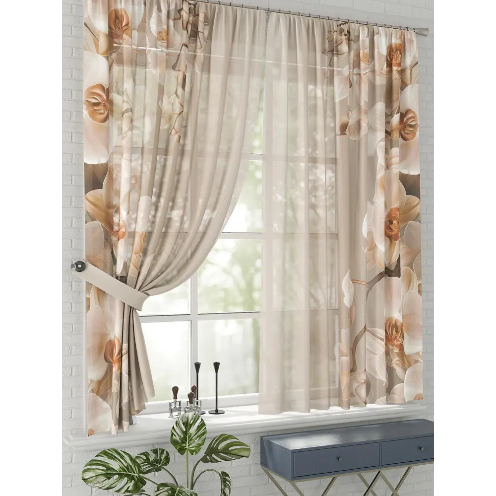 Фото 2 Комплект штор на шторной ленте Comfy Way Орихидес 150x170 см цвет бежевый Фото 2 Комплект штор на шторной ленте Comfy Way Орихидес 150x170 см цвет бежевый