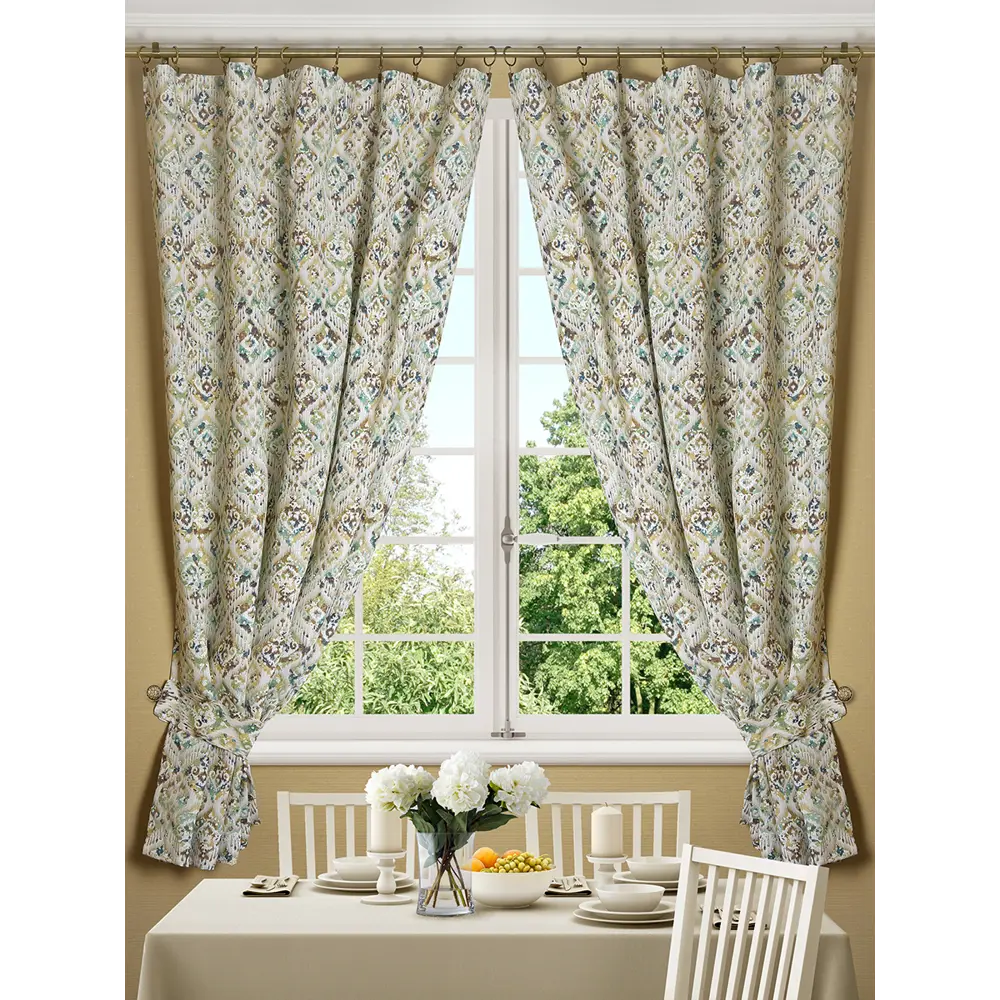 Фото Комплект штор на шторной ленте Обуховская Мануфактура Икат 135x180 цвет бирюзовый Фото Комплект штор на шторной ленте Обуховская Мануфактура Икат 135x180 цвет бирюзовый