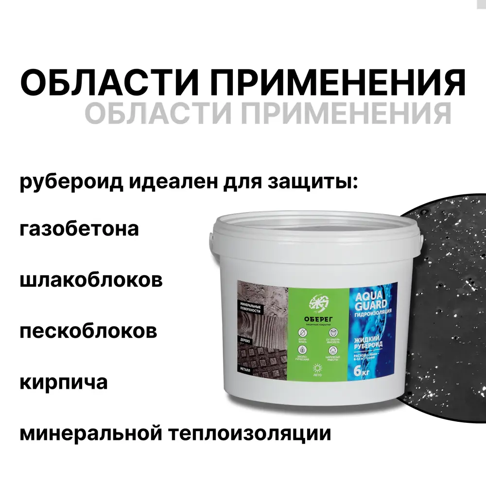 Фото 3 Жидкий рубероид акриловый Оберег AquaGuard черный 6кг Фото 3 Жидкий рубероид акриловый Оберег AquaGuard черный 6кг