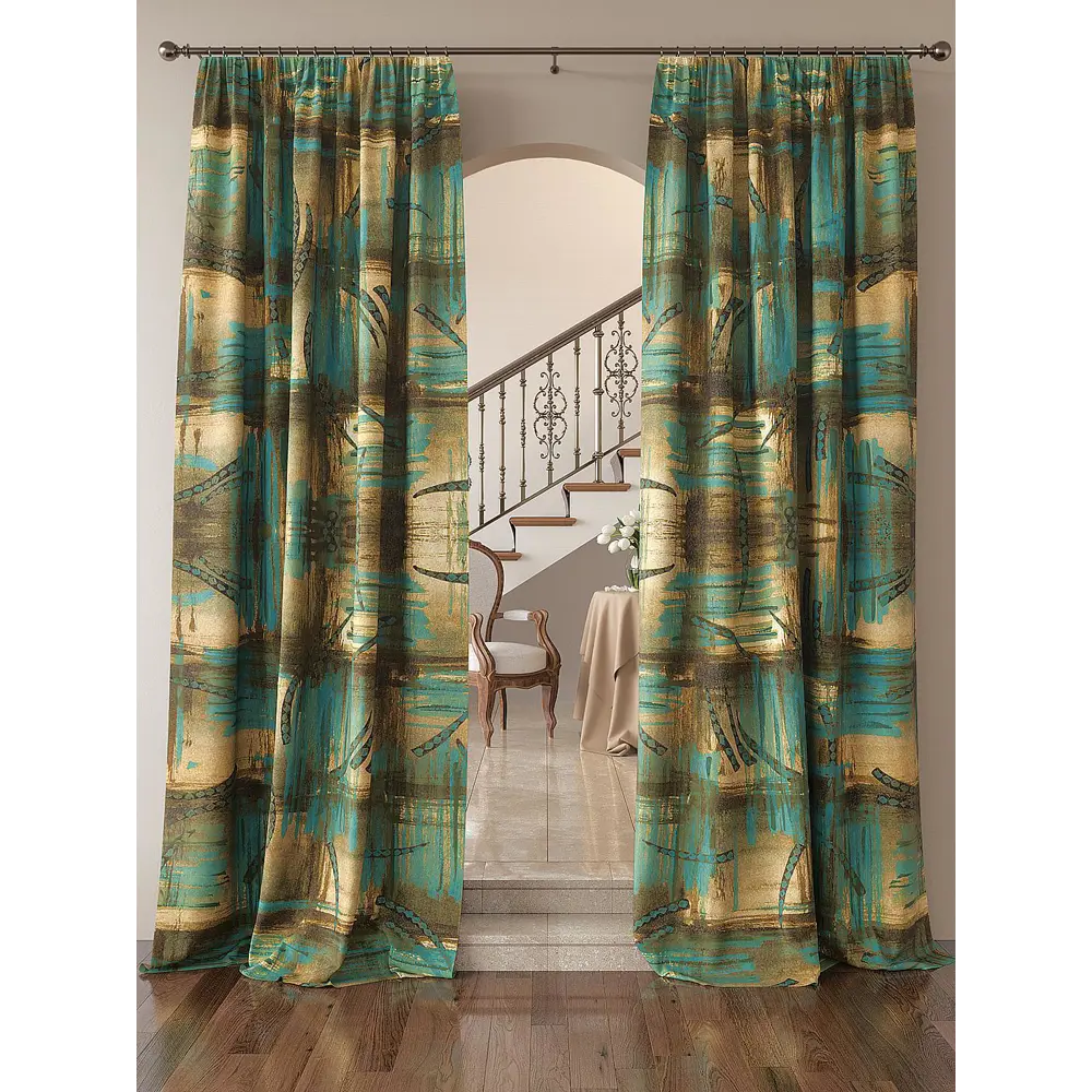 Фото Комплект штор на ленте At Home Нелвинс 150x260 см габардин цвет желтый/зеленый AA919166