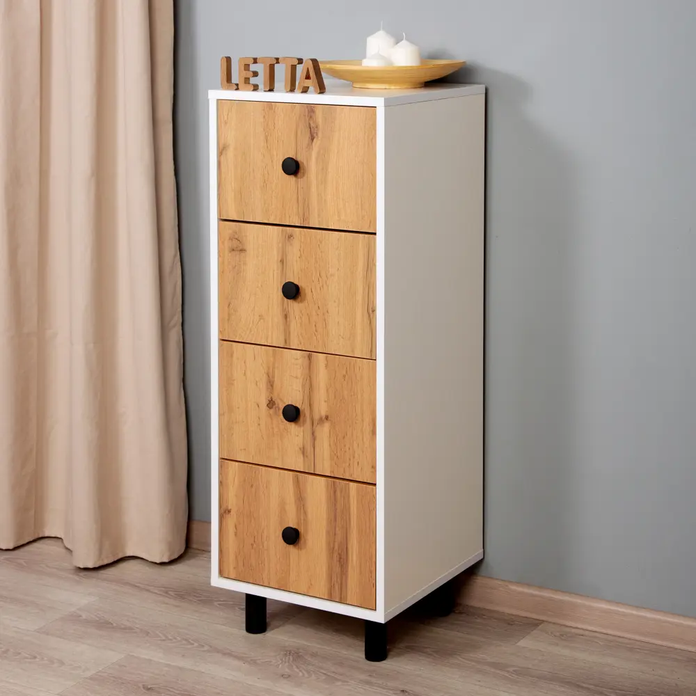 Фото 4 Комод Letta Комод 4 ящика 38x40.4x103.2 см ЛДСП цвет белое тиснение/дуб вотан