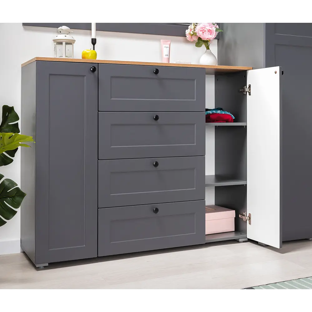 Фото Комод Mobi Остин 4 ящика 120x41.9x99.3 см ЛДСП цвет серый графит/дуб золотой крафт Фото Комод Mobi Остин 4 ящика 120x41.9x99.3 см ЛДСП цвет серый графит/дуб золотой крафт