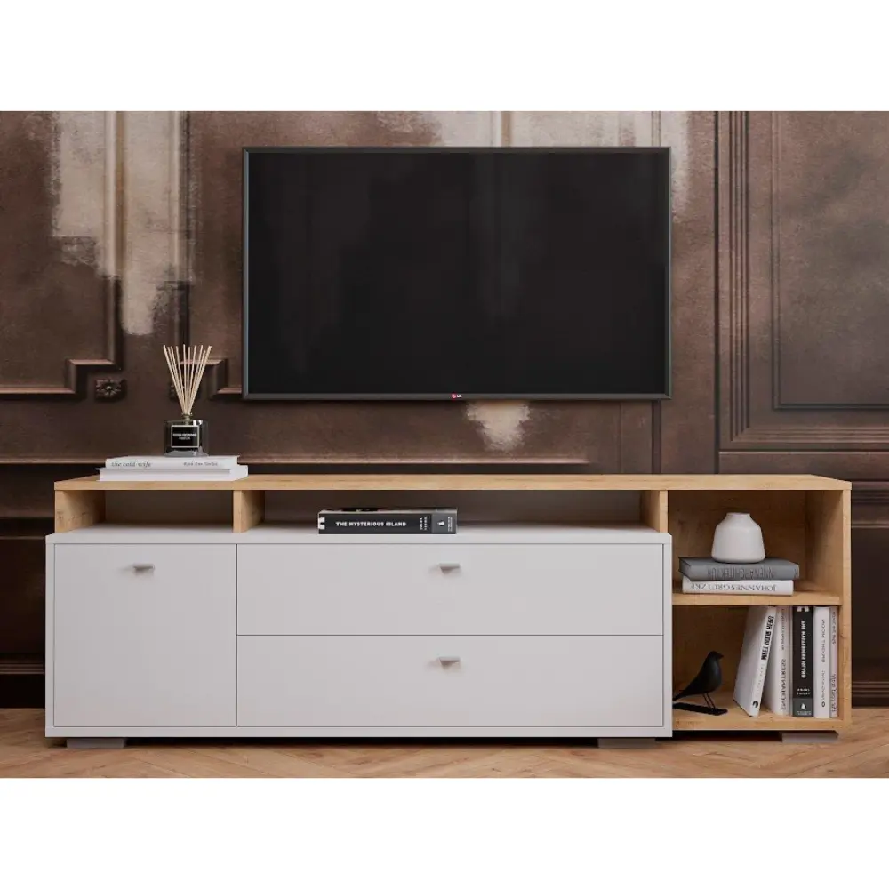 Фото Тумба под телевизор Mobi Бэль 171x52.8x43 см ЛДСП цвет белый премиум/дуб крафт золотой Фото Тумба под телевизор Mobi Бэль 171x52.8x43 см ЛДСП цвет белый премиум/дуб крафт золотой