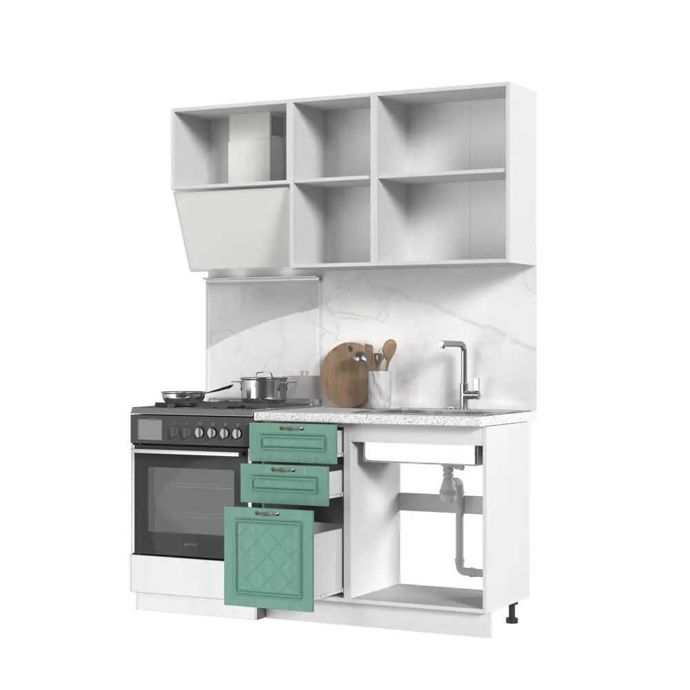 Фото 2 Кухонный гарнитур со столешницей Лён 3.8 см Стендмебель Модена 160x217x60 см ЛДСП цвет белый/дуб бирюзовый Фото 2 Кухонный гарнитур со столешницей Лён 3.8 см Стендмебель Модена 160x217x60 см ЛДСП цвет белый/дуб бирюзовый