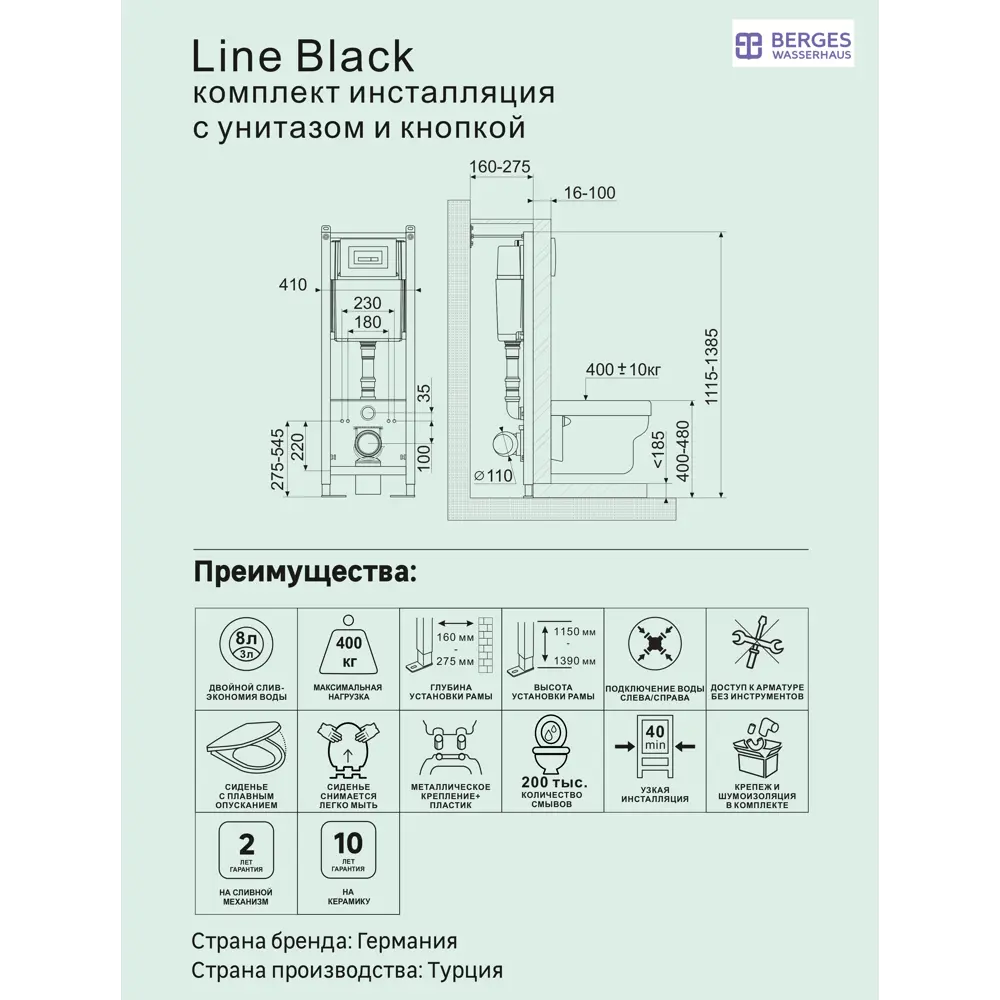 Фото 10 Комплект инсталляция с унитазом Berges Line Black с микролифтом клавиша цвет черный Фото 10 Комплект инсталляция с унитазом Berges Line Black с микролифтом клавиша цвет черный