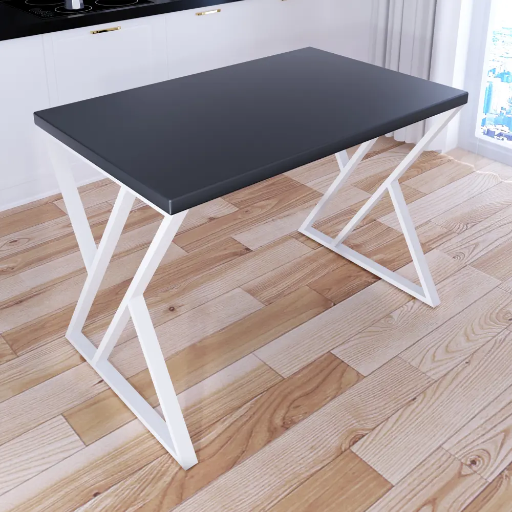 Фото 2 Кухонный стол прямоугольный Solarius Loft со столешницей 90x70 см белые металлические z-образные ножки массив сосны цвет серый антрацит Фото 2 Кухонный стол прямоугольный Solarius Loft со столешницей 90x70 см белые металлические z-образные ножки массив сосны цвет серый антрацит