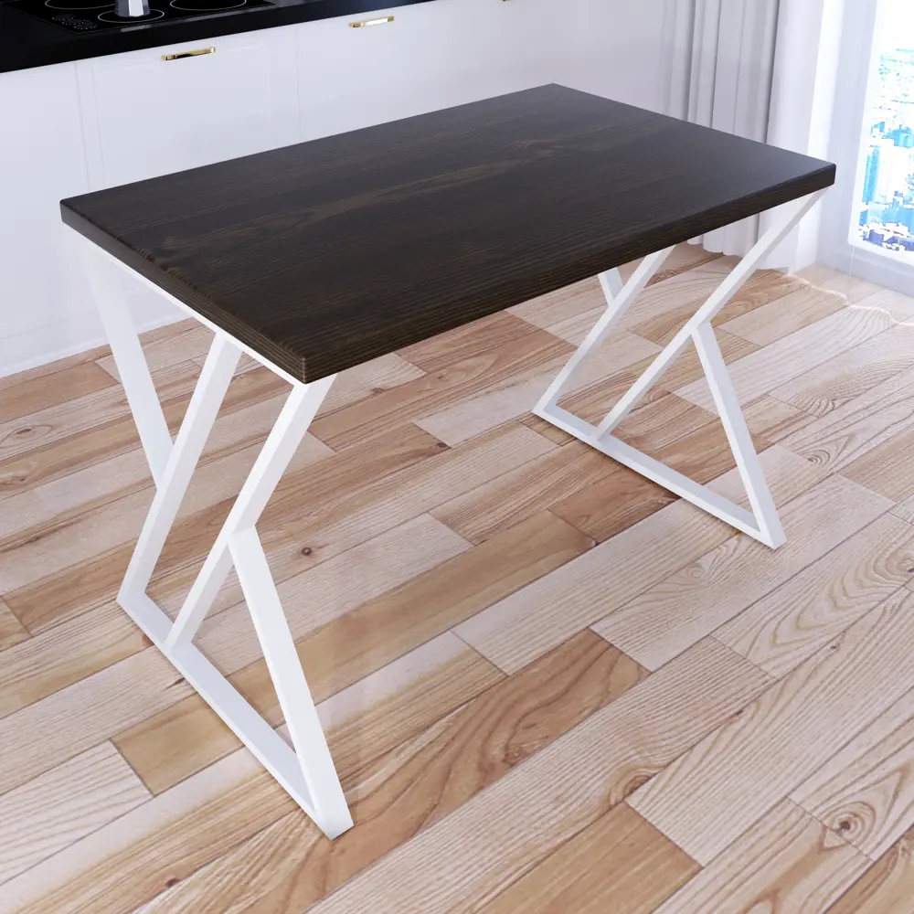 Фото 2 Кухонный стол прямоугольный Solarius Loft со столешницей 110x70 см белые металлические z-образные ножки массив сосны цвет темный дуб Фото 2 Кухонный стол прямоугольный Solarius Loft со столешницей 110x70 см белые металлические z-образные ножки массив сосны цвет темный дуб