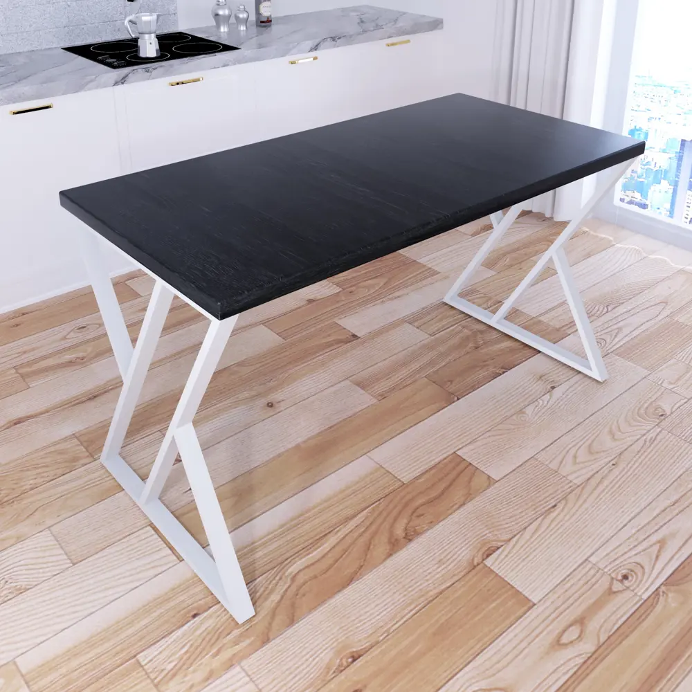 Фото 2 Кухонный стол прямоугольный Solarius Loft со столешницей 120x60 см белые металлические z-образные ножки массив сосны цвет оникс Фото 2 Кухонный стол прямоугольный Solarius Loft со столешницей 120x60 см белые металлические z-образные ножки массив сосны цвет оникс