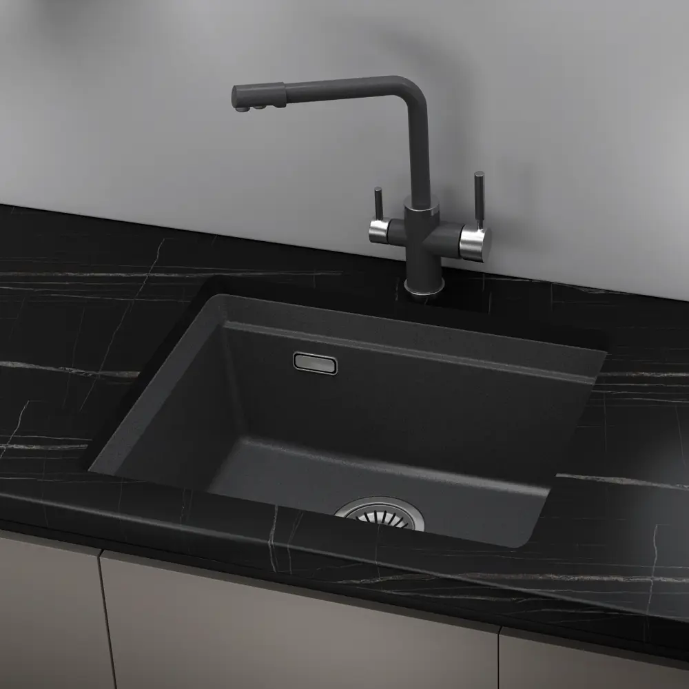 Фото Мойка для кухни Online Comfort врезная/подстольная 5553 55.50x45 см глубина чаши 20 см кварцевый песок цвет графит Фото Мойка для кухни Online Comfort врезная/подстольная 5553 55.50x45 см глубина чаши 20 см кварцевый песок цвет графит