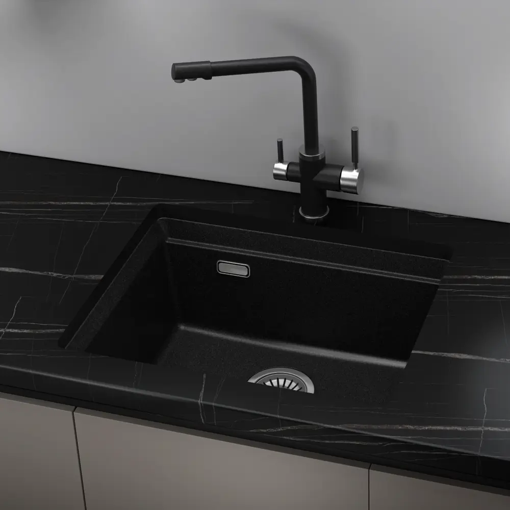 Фото Мойка для кухни Online Comfort врезная/подстольная 5553 55.50x45 см глубина чаши 20 см кварцевый песок цвет черный Фото Мойка для кухни Online Comfort врезная/подстольная 5553 55.50x45 см глубина чаши 20 см кварцевый песок цвет черный