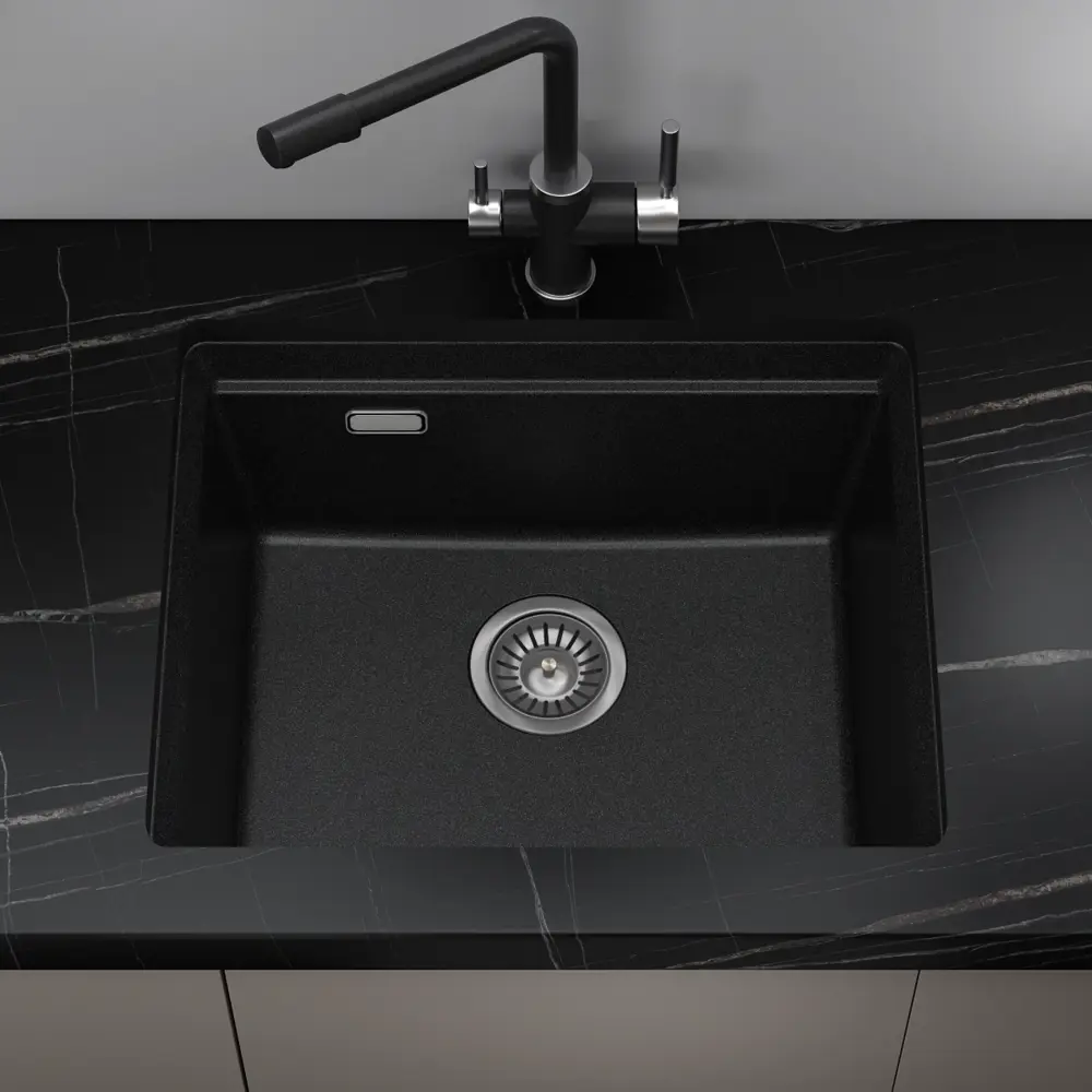Фото 2 Мойка для кухни Online Comfort врезная/подстольная 5553 55.50x45 см глубина чаши 20 см кварцевый песок цвет черный Фото 2 Мойка для кухни Online Comfort врезная/подстольная 5553 55.50x45 см глубина чаши 20 см кварцевый песок цвет черный