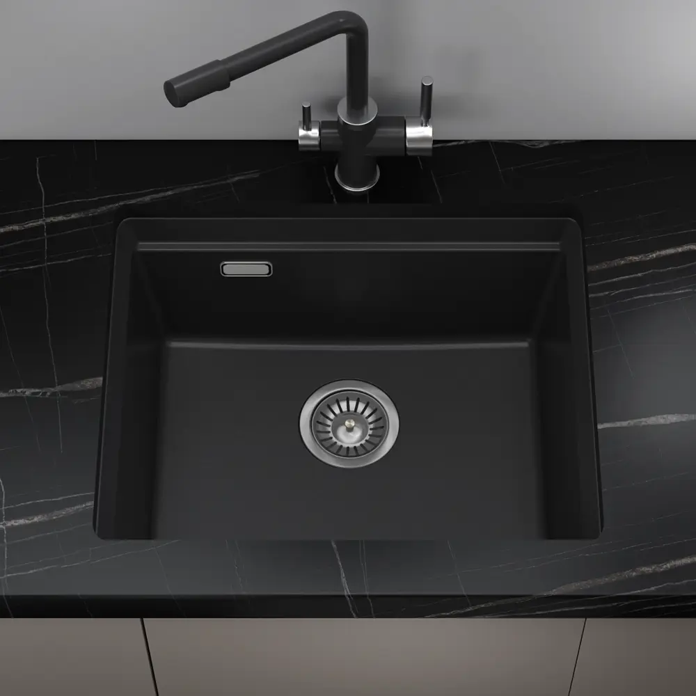 Фото 2 Мойка для кухни Online Comfort врезная/подстольная 5553 55.50x45 см глубина чаши 20 см кварцевый песок цвет черный матовый Фото 2 Мойка для кухни Online Comfort врезная/подстольная 5553 55.50x45 см глубина чаши 20 см кварцевый песок цвет черный матовый