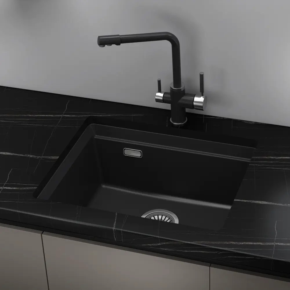 Фото Мойка для кухни Online Comfort врезная/подстольная 5553 55.50x45 см глубина чаши 20 см кварцевый песок цвет черный матовый Фото Мойка для кухни Online Comfort врезная/подстольная 5553 55.50x45 см глубина чаши 20 см кварцевый песок цвет черный матовый